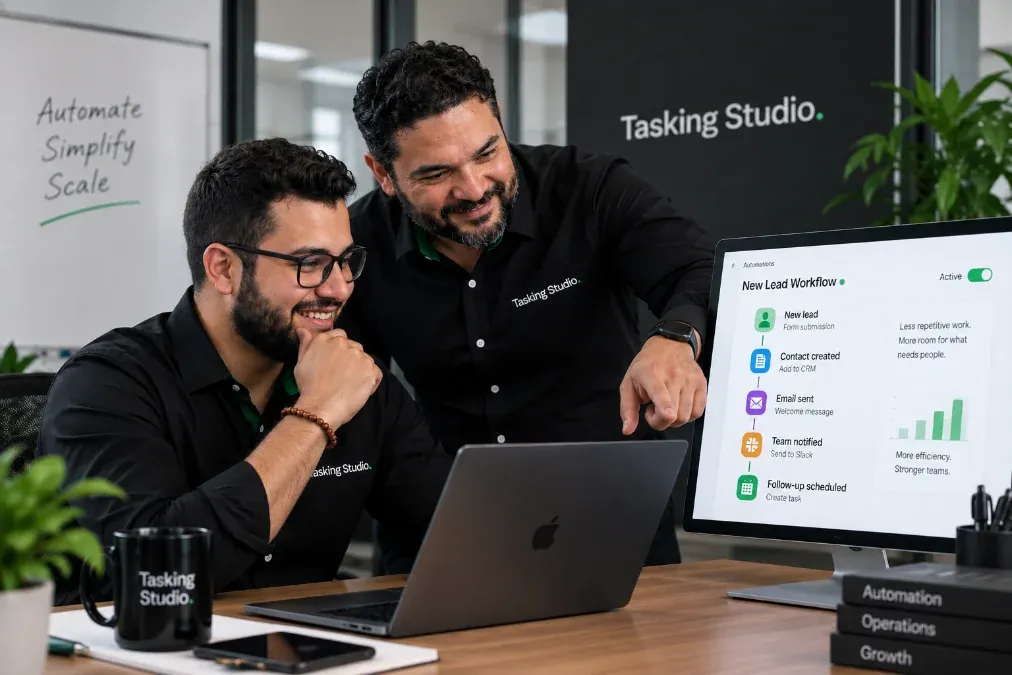 Real CRM / automation screen + team member reviewing it