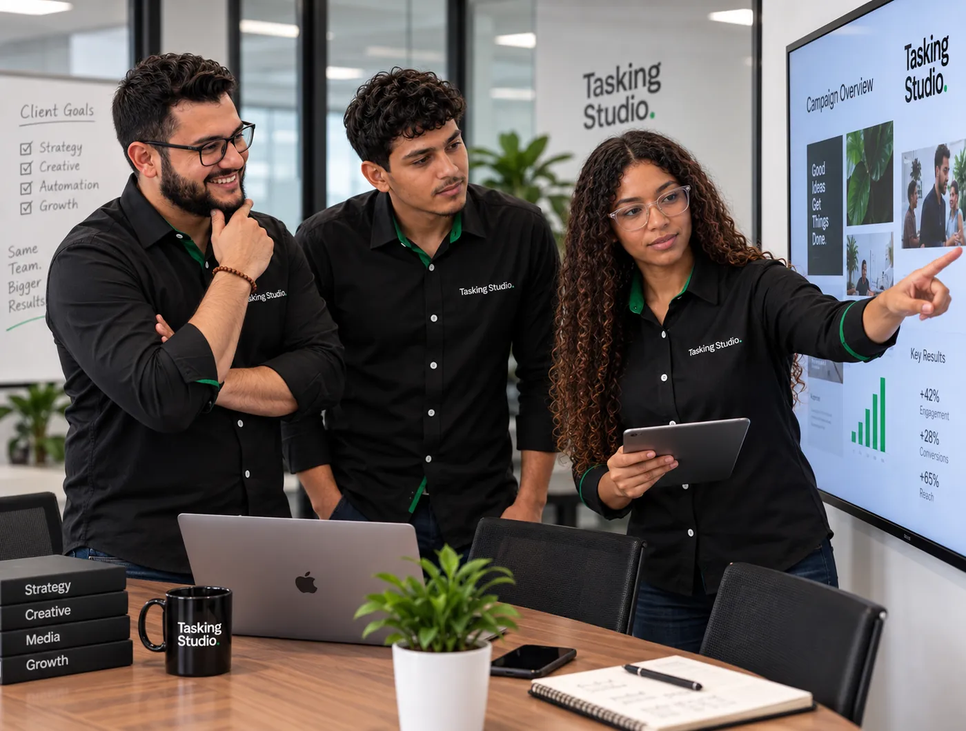 Team reviewing campaign work on screen
